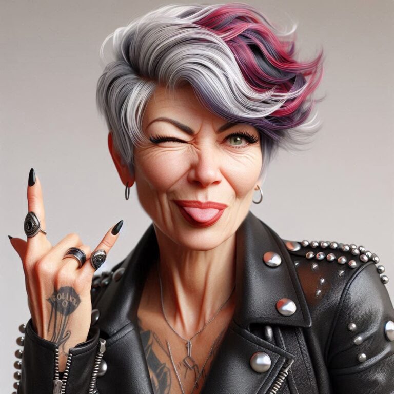 Older Rocker Woman With Colored Hair Making Rock Sign