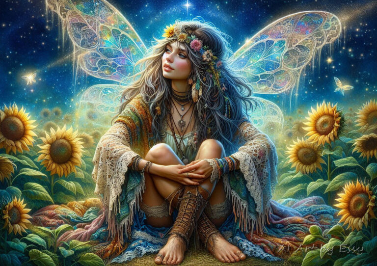 Boho Hippie Pixie With Lace Wings in Sunflower Garden