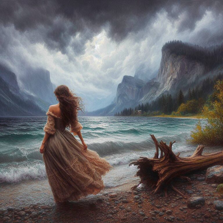 Woman With Windblown Dress on Rocky Lake Shore Photo