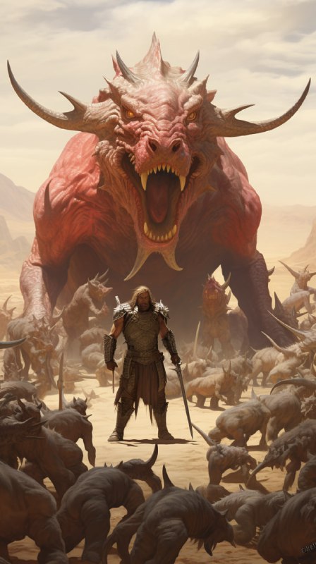 Outcast Warrior Among Nightmare Beasts Desert Fantasy