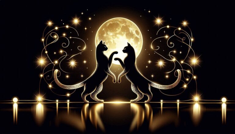 Gold Silhouette Cats Dancing Under Full Moon Stars