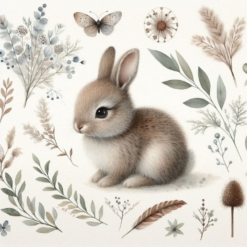 Cute Big-Eyed Meadow Bunny Watercolor Digital Paper