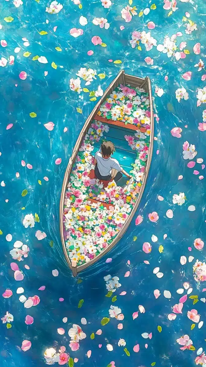 Flower-Laden Boat in Ocean