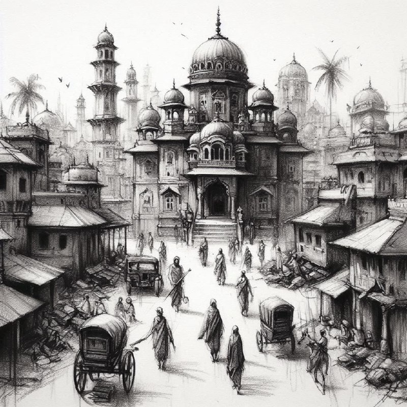 Charcoal Sketches of Indian Village on White Backdrop