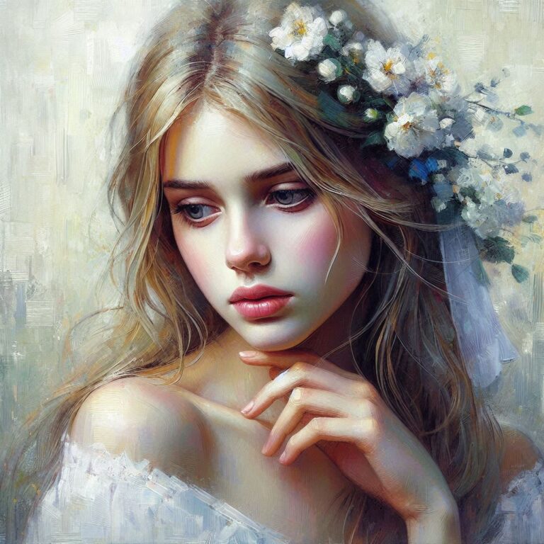 Shy Sad Young Woman Portrait in New Painting Style