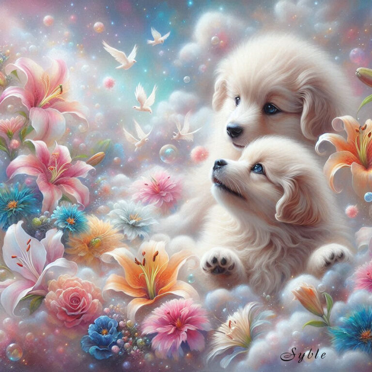 Two Puppies Playing in Magical Wildflower Acrylic Art