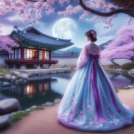 Woman in Pastel Hanbok by Moonlit Pond With Sakura
