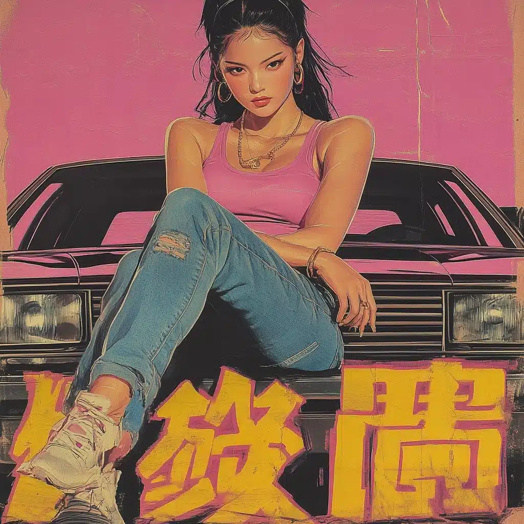 Y2K Chinese Poster Female Bodybuilder on Chevy Impala