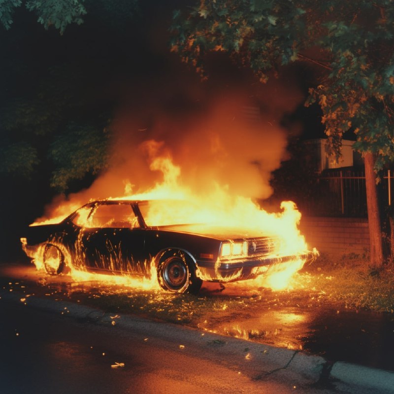 Burning Car in Palm Grove at Night 35mm Film Photo