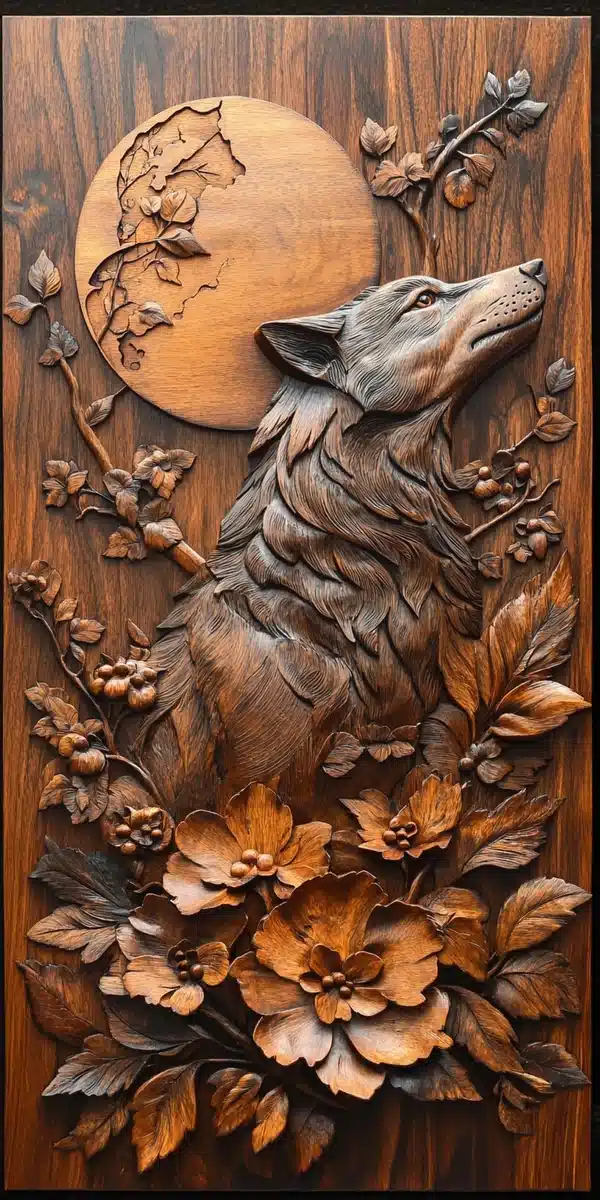 Intarsien Mural Rearing Wolf Moon