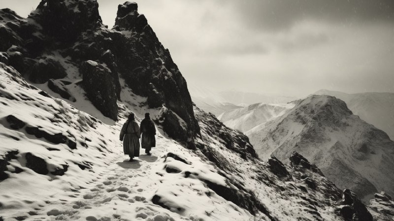 Tibetan Monks in Snowy Mountains Vintage 1940s Photo