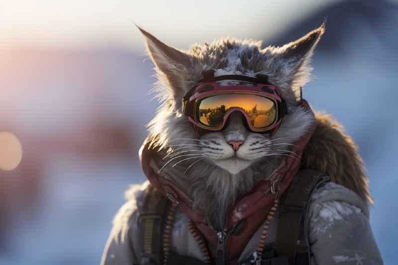 Anthro Pseudodragon Cat Snowboarding Action Photo