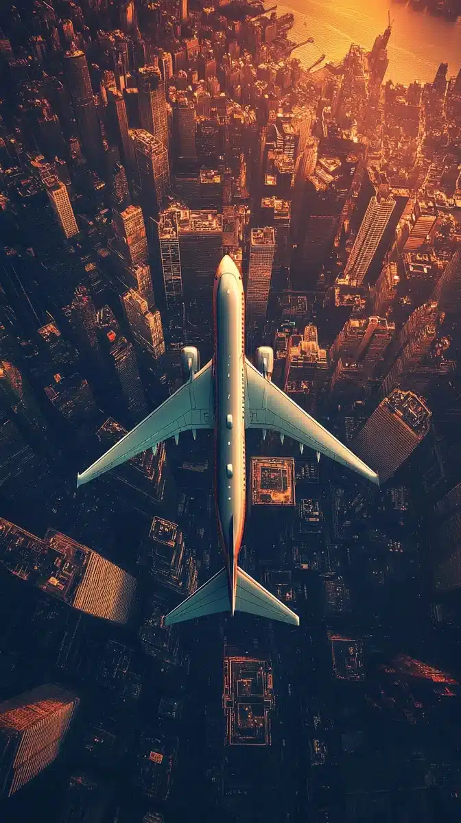 Golden Hour Plane Over City