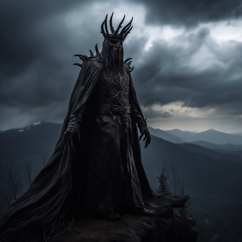 Veiled Shadow King Commanding Storms on Mountain Top