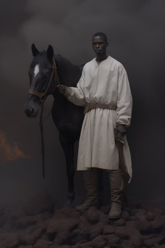 White-Clad Monk With Horse in Volcanic Iceberg Scene