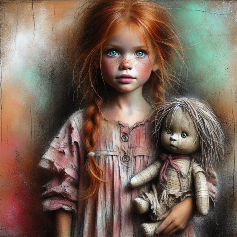Freckled Girl in Tattered Clothes With Ragdoll Chalk Art