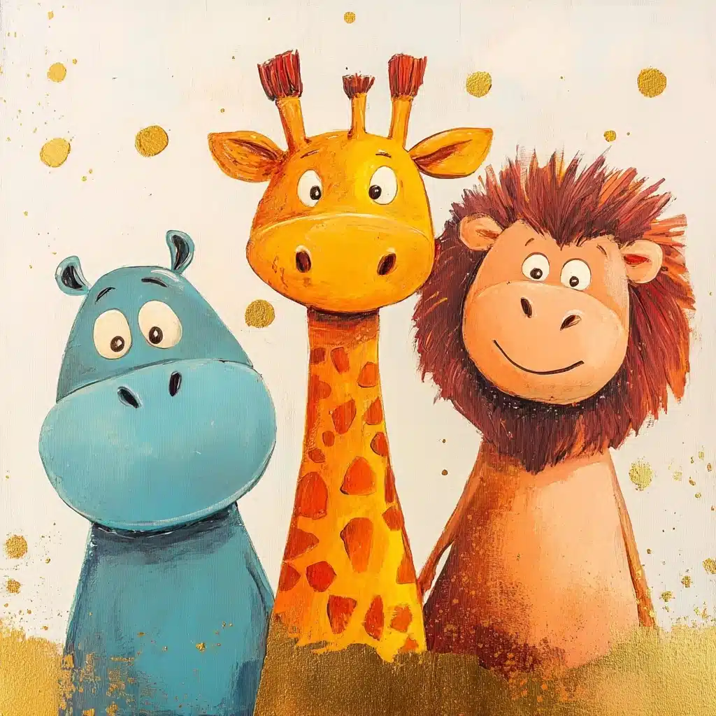 Bright Cartoon Friends Giraffe Hippo Lion