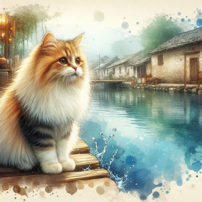 Fluffy Cat by Village Pond Watercolor With Ink Splashes