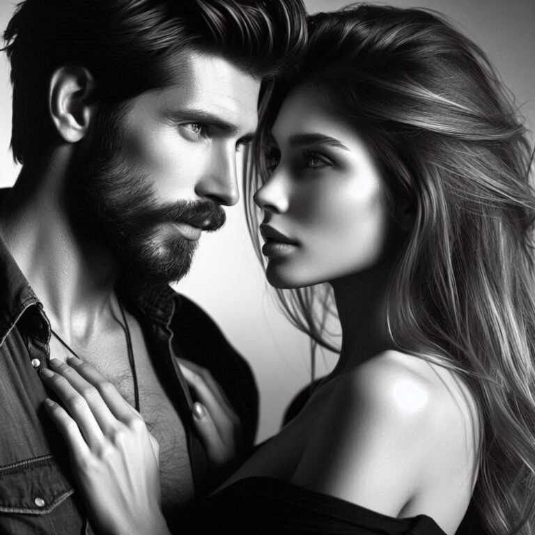 Intimate Couple Gazing Black and White Portrait