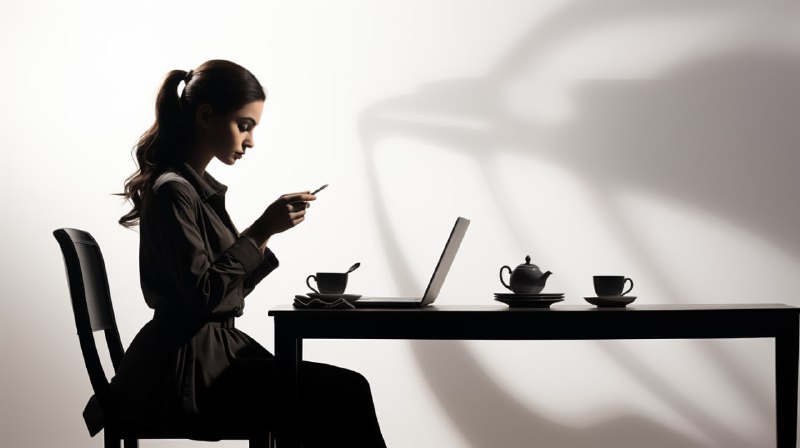 Smiling Woman With Laptop and Coffee Minimal Silhouette