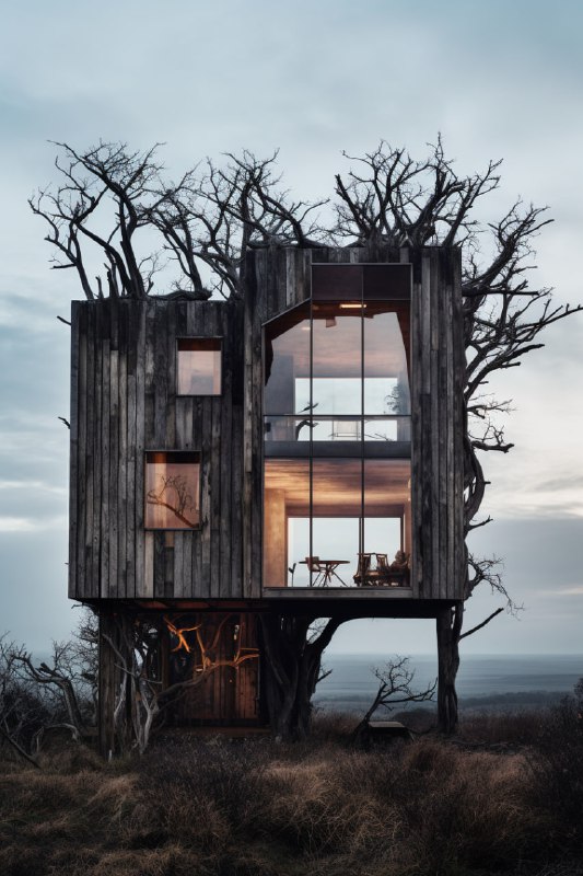 Dead Twig House With Crepuscular Rays Modern Design