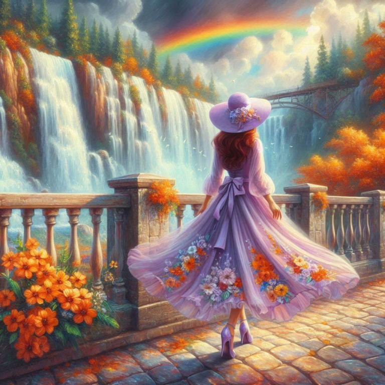 Woman by Rainbow Waterfall Fence Oil Paint Scene