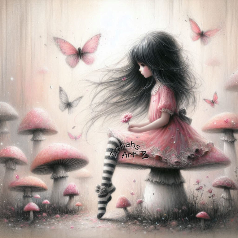 Girl in Pink Dress on White Mushroom With Butterflies