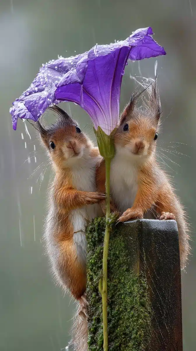 Squirrels Sheltering Under Morning Glory