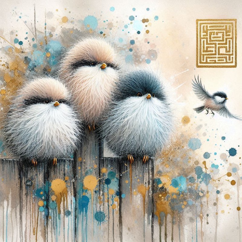 Three Whimsical Fluffy Birds on Fence Post Asian Art