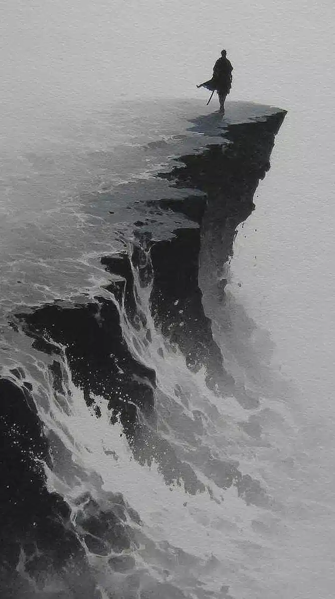 Monochrome Swordswoman on Cliff