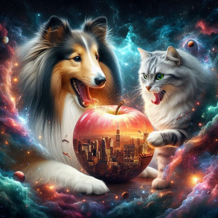 Cosmic Sheltie and Tabby Cat Reaching for Space Apple