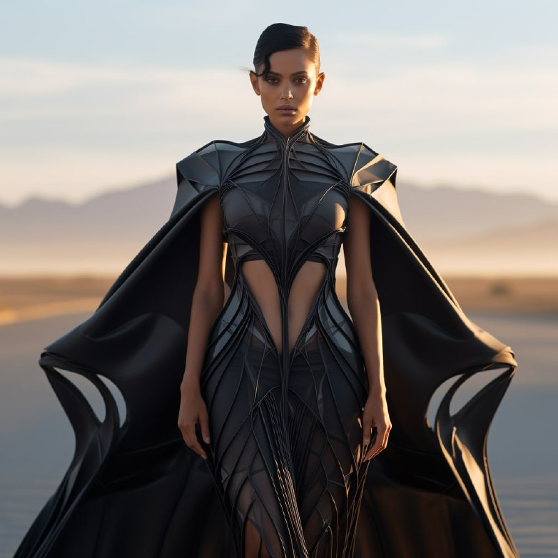 Futuristic 3D Printed Black Geometric Dress Full Body