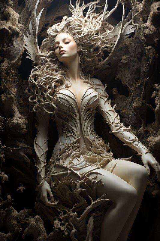 Sepia Angel Carving With Skeletal Baroque Foliage