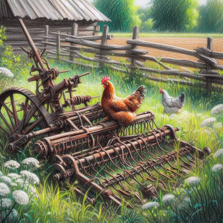 Hen Perched on Rusty Seed Drill in Summer Field
