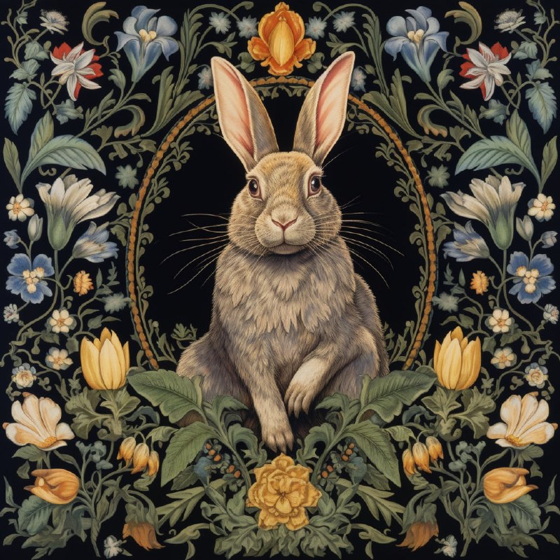 Ornate William Morris Grey Rabbit Tapestry on Velvet
