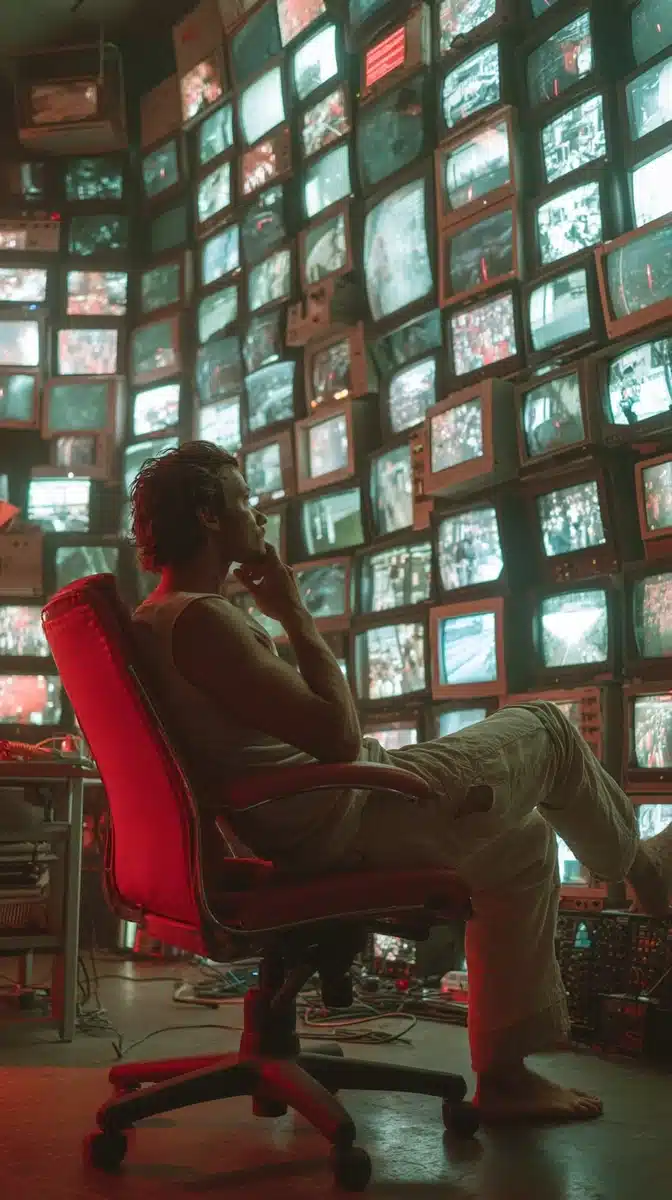 Muscular Man Amid Screens