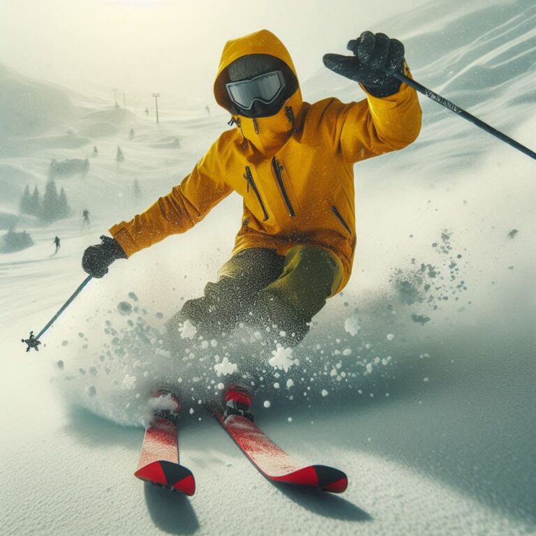 Skier in Yellow Jacket Racing Downhill on Red Skis
