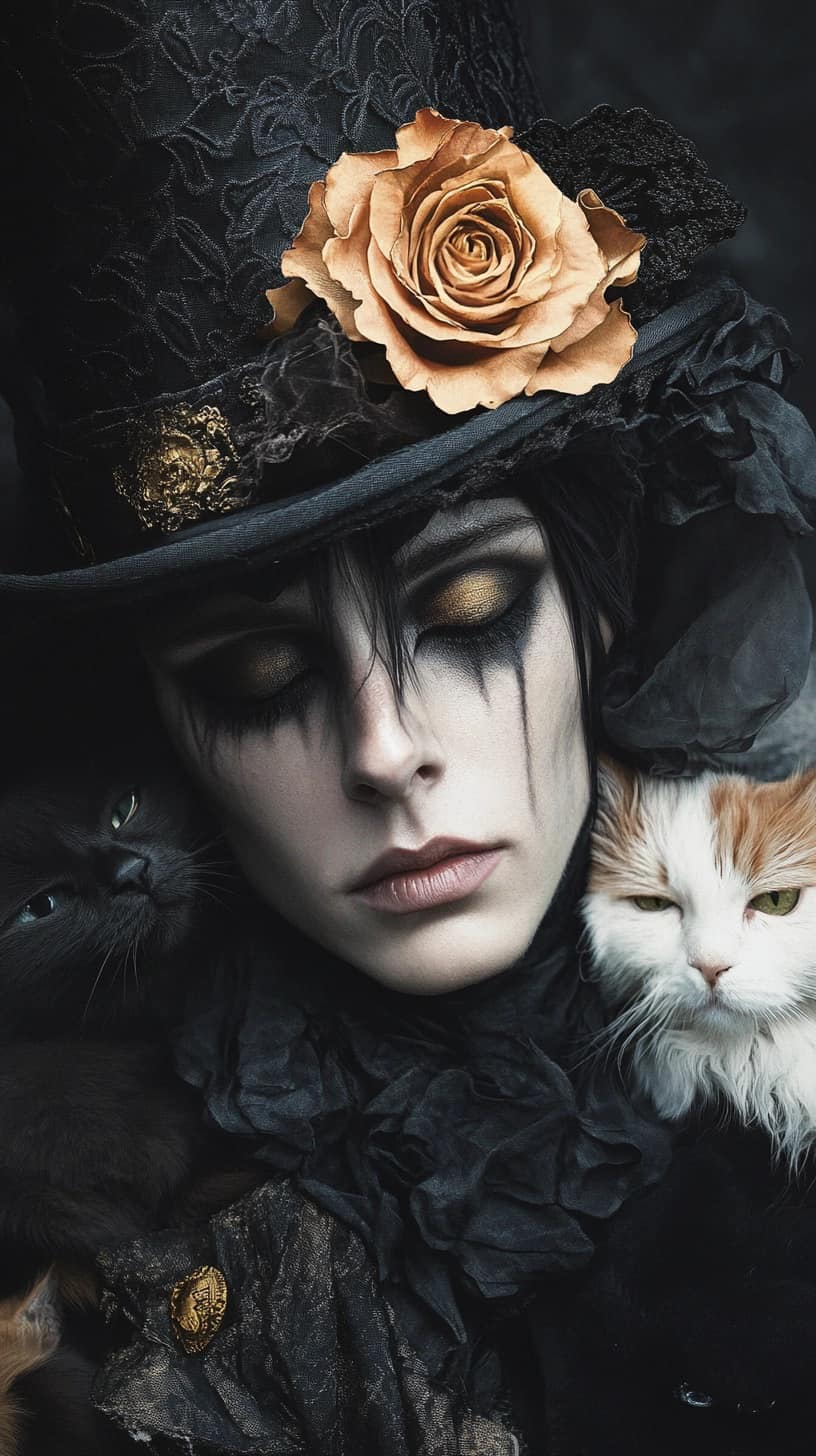 Gothic Portrait with Cats and Roses