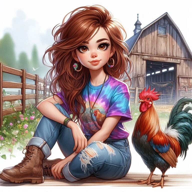 Hippie Girl With Pet Rooster by Barn Watercolor