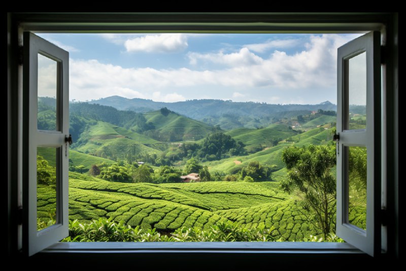 Open White Window Overlooking Tea Plantation View