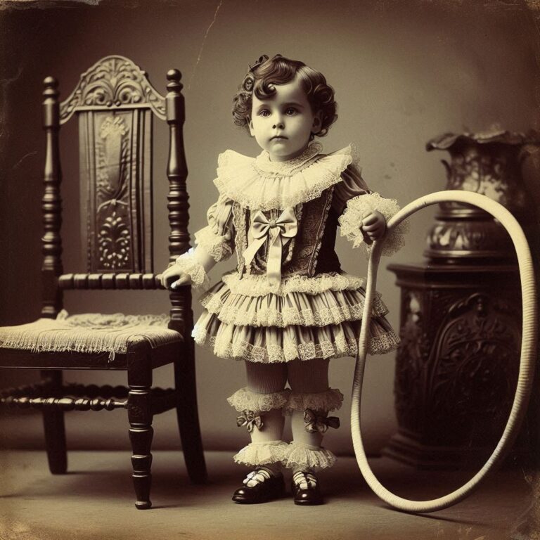 Historical 1800s Child With Hoop and Ruffled Outfit