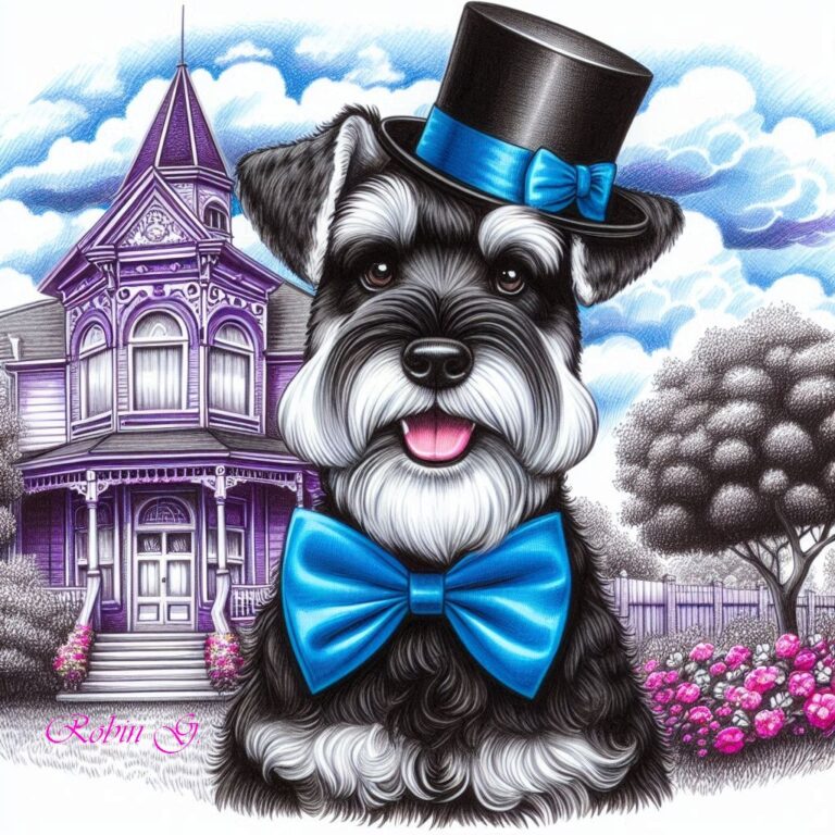 Schnauzer in Top Hat Before Victorian House Pen Art
