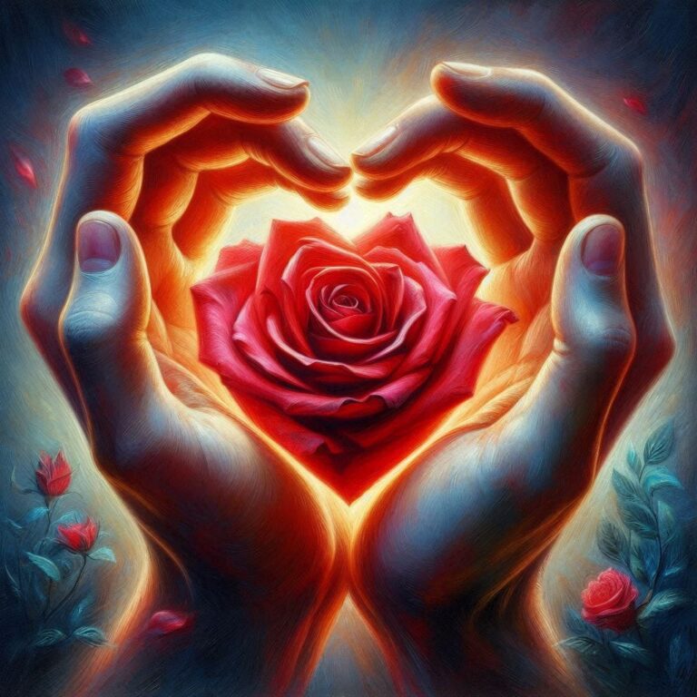 Hands Forming Heart Around Red Rose Oil Painting