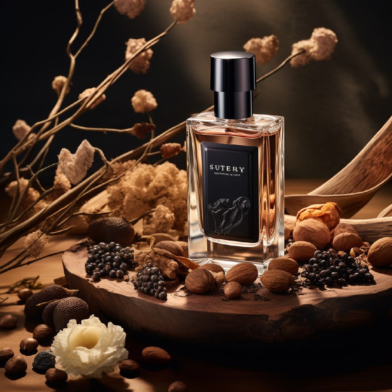 Black Perfume Bottle With Oud and Nut Earthy Tones