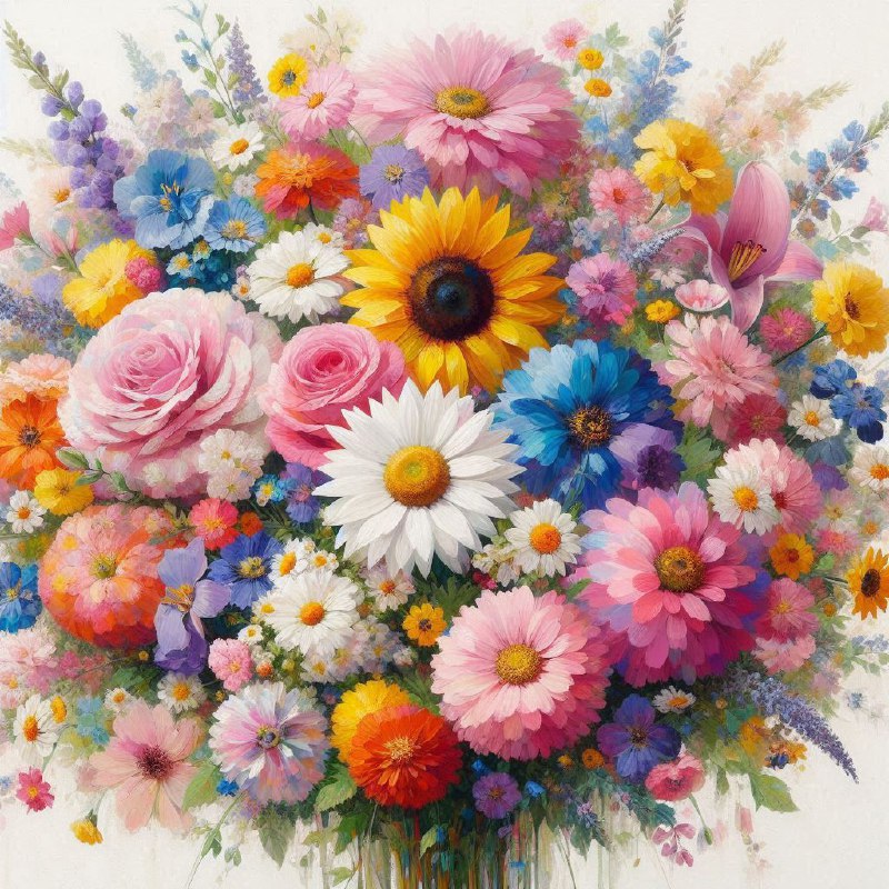 Joyful Impressionist Pastel Flowers on White Ground
