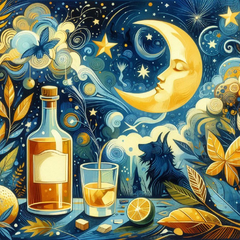 Whiskey Under Moon and Stars Folkloric Illustration