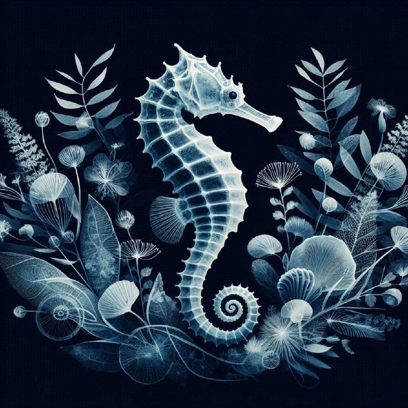 Transparent Seahorse Cyanotype With Botanical Frame