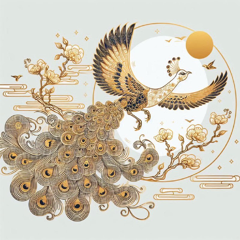 Fluttering Peacock Chinese Printmaking With Gold Lines