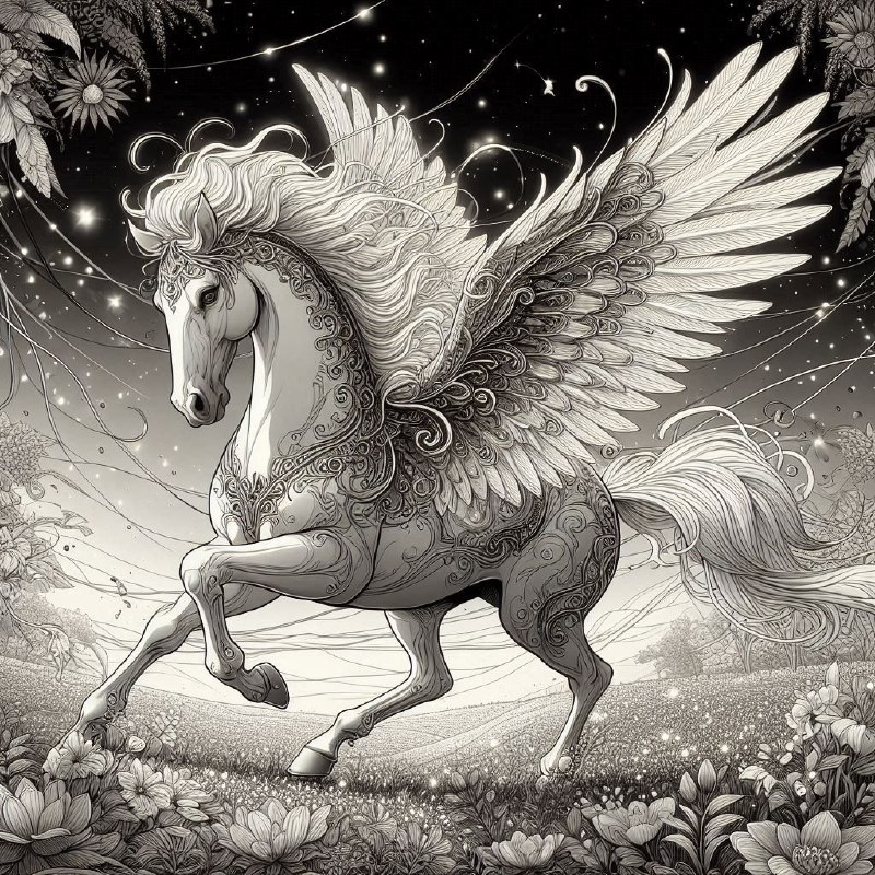 Pegasus With Ornate Wings Coloring Book Line Drawing