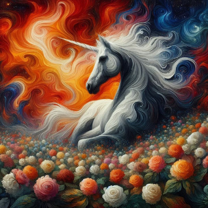 Unicorn in Swirling Colorful Flower Field Painting
